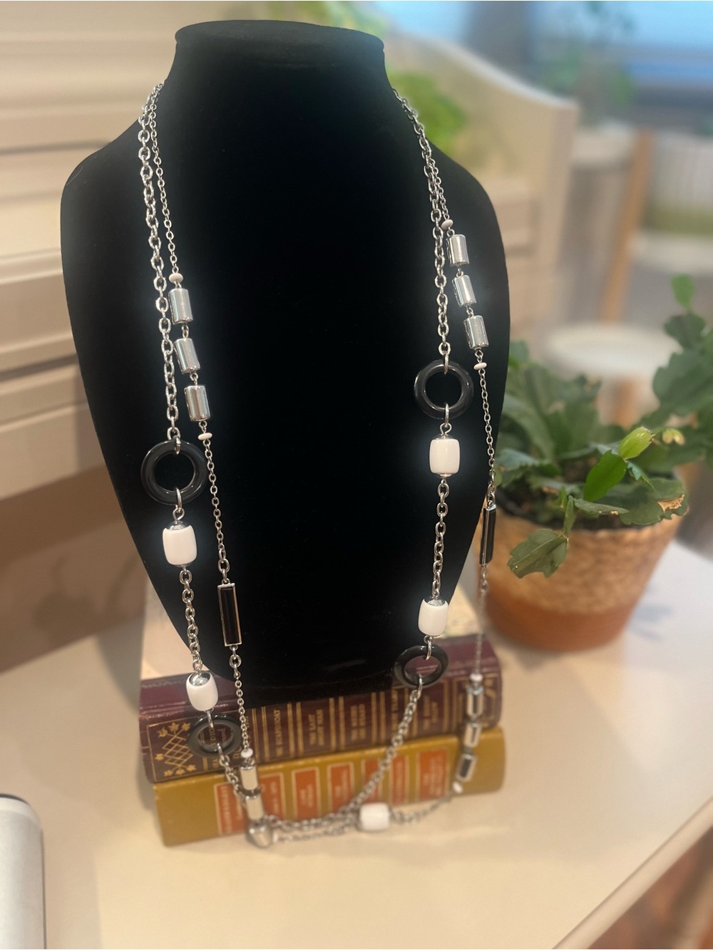 Chico's Silver-Tone Long Necklace with Black and White Accents